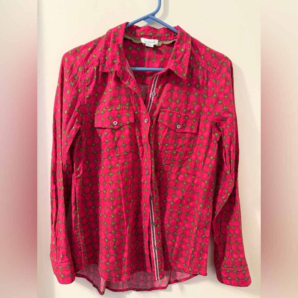 Sundance Floral Joy Button Down Long Sleeve Top Sz Small DeepPink & Green UGC